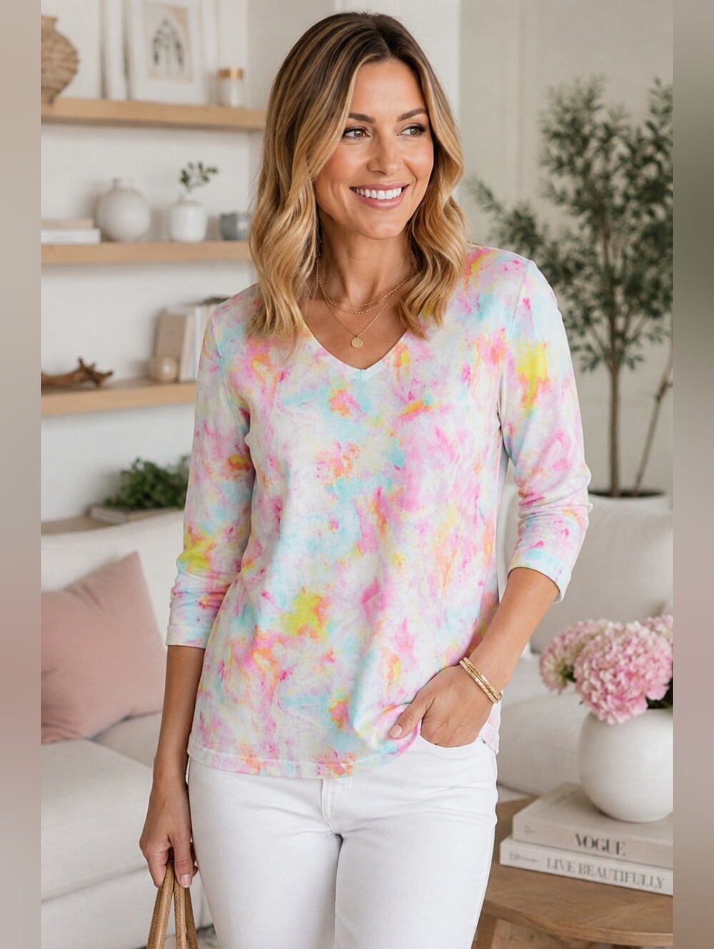 EDINBURGH KNITWEAR Pima Cotton Watercolor Lightweight Sweater Women's V-Neck